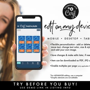 May include: A mobile phone screen displaying a digital template for printable food labels. The template features a blue and orange design with the text "Hot Dogs", "Burgers", "Sushi", "Ham", "Jalapeno Poppers", and "Cupcakes". The text "Corjl SimplyEverydayMe" is visible at the top of the screen. The text "edit on any device!" is displayed above the phone screen. The text "MOBILE - DESKTOP - TABLET" is displayed below the phone screen. The text "PERSONALIZE WITH Corjl" is displayed in a circle with gears in the upper right corner of the image.