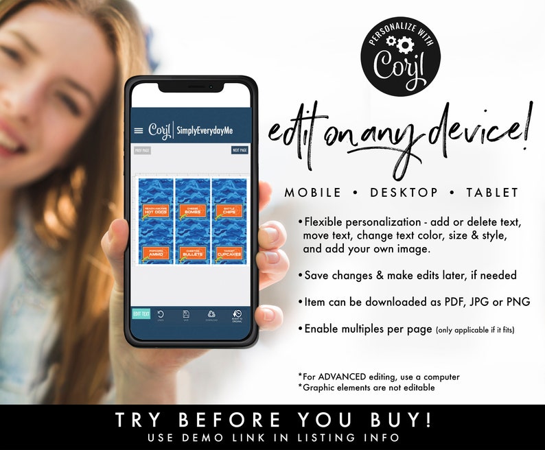 May include: A mobile phone screen displaying a digital template for printable food labels. The template features a blue and orange design with the text "Hot Dogs", "Burgers", "Sushi", "Ham", "Jalapeno Poppers", and "Cupcakes". The text "Corjl SimplyEverydayMe" is visible at the top of the screen. The text "edit on any device!" is displayed above the phone screen. The text "MOBILE - DESKTOP - TABLET" is displayed below the phone screen. The text "PERSONALIZE WITH Corjl" is displayed in a circle with gears in the upper right corner of the image.