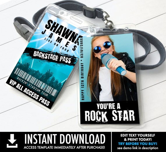 Rockstar VIP Photo Badge - Rock Star Birthday, Rockstar Party, Backstage Pass | Self-Edit with CORJL - INSTANT Download Printable