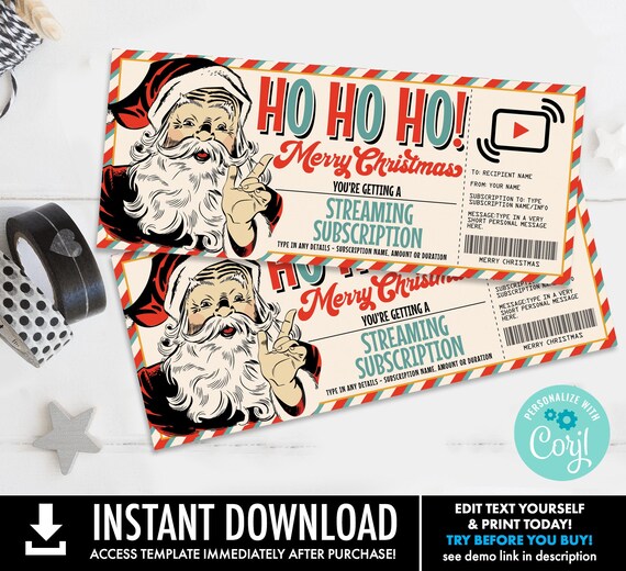 Christmas Streaming Subscription Gift Certificate, Streaming Service Gift Voucher| Self-Edit with CORJL-INSTANT DOWNLOAD Printable