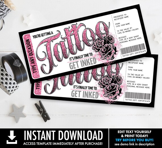 Tattoo Gift Certificate - Roses Design - Get Inked Gift Card Voucher - Valentine | Self-Edit with CORJL - INSTANT DOWNLOAD Printable