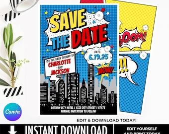 Superhero Save-the-Date, Superhero Theme Shower, Comic Book, Baby Shower, Bridal Shower | Edit on CANVA, INSTANT Download Printable Template