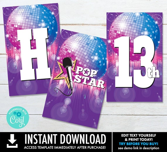 Pop Star Party Banner,Pop Star Party Birthday Banner,Birthday Decor,Rock Star Party | You Personalize using CORJL–INSTANT DOWNLOAD Printable