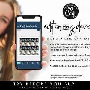 May include: A mobile phone screen displaying a digital template for a printable VIP pass. The template features a space-themed design with a blue and black colour scheme. The text "VIP Pass" is visible on the template. The phone screen also displays the text "Corjl SimplyEverydayMe" and "edit on any device!" The text "MOBILE, DESKTOP, TABLET" is also visible on the screen.