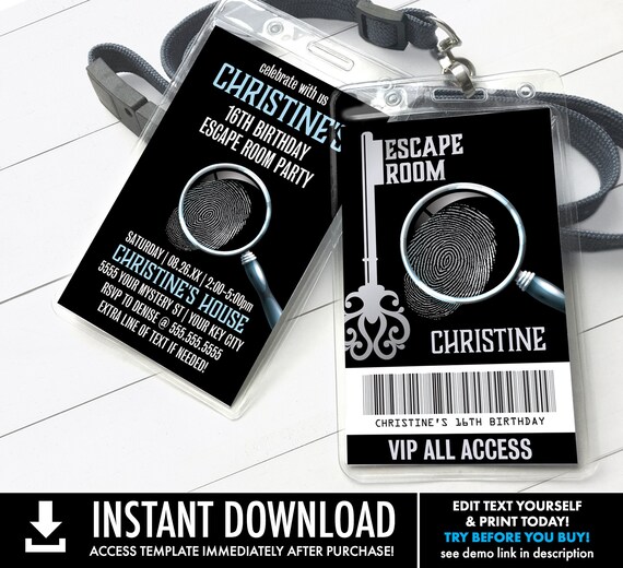 Escape Room VIP Badge Invitation, Escape Room Party,Mystery Party Invite | Self-Editing with CORJL - INSTANT Download Printable Template Il_570xn
