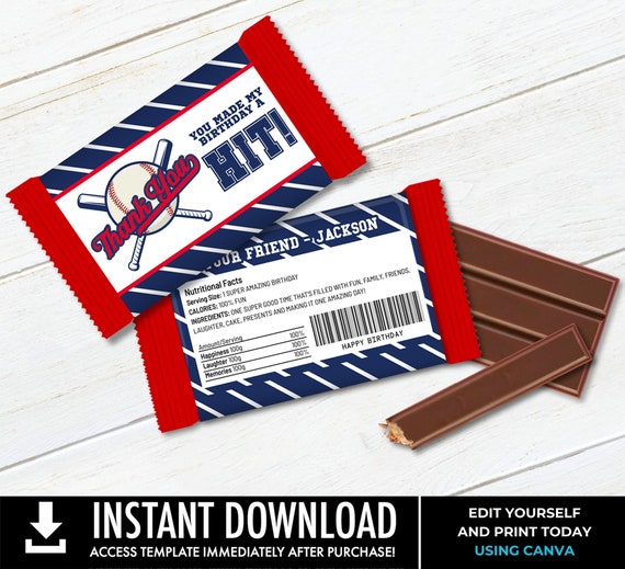 Baseball Wafer Chocolate Candy BarBar Label/Wrapper, Baseball Birthday Party, Party Favor | Edit with CANVA-INSTANT DOWNLOAD Printable