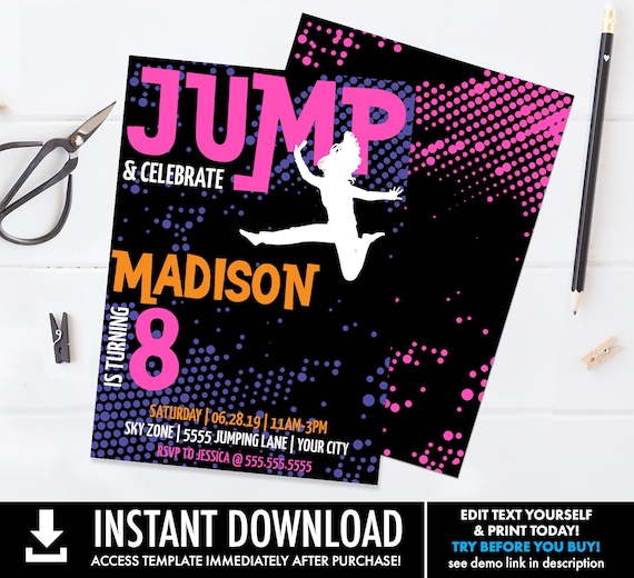 Jump Birthday Invitation - Trampoline,Jump & Play,Bounce On Over,Birthday Party | Self-Edit with CORJL - INSTANT DOWNLOAD Printable Template