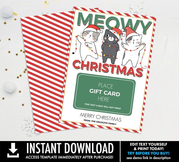 Cat Gift Card Holder, Meowy Christmas Last Minute Gift for Teacher, Client, Staff, Thank You, Friend,Edit using CORJL-INSTANT DOWNLOAD