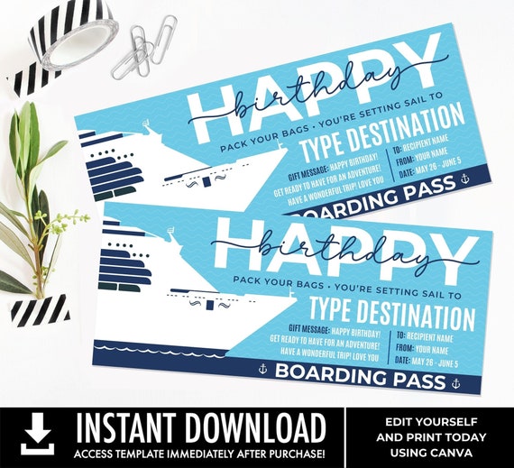 Birthday Surprise Cruise Gift Voucher, Cruise Gift Certificate, Boarding Pass, Cruise Ticket Coupon | Edit with CANVA–INSTANT DOWNLOAD