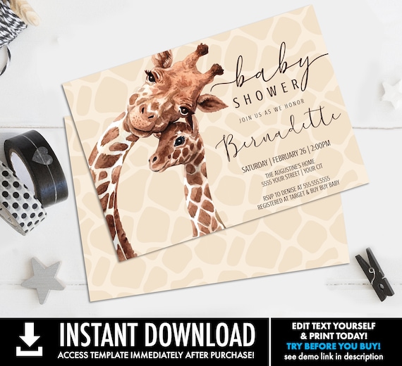 Giraffe Baby Shower Invitation - Giraffe Shower, Baby Shower Invite | Self-Editing with CORJL - INSTANT DOWNLOAD Printable