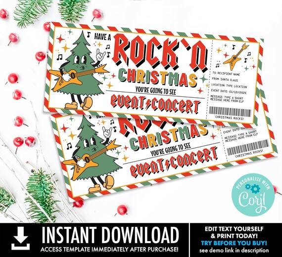 Retro Christmas Concert Gift Voucher-Rock'n Christmas, Rock and Roll Gift Certificate | Self-Edit with CORJL-INSTANT Download Printable