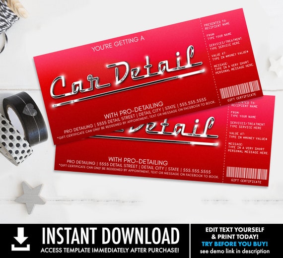 Car Detail Gift Certificate, Car Detailing Surprise Gift Voucher | Self-Edit with CORJL - INSTANT DOWNLOAD Printable Template