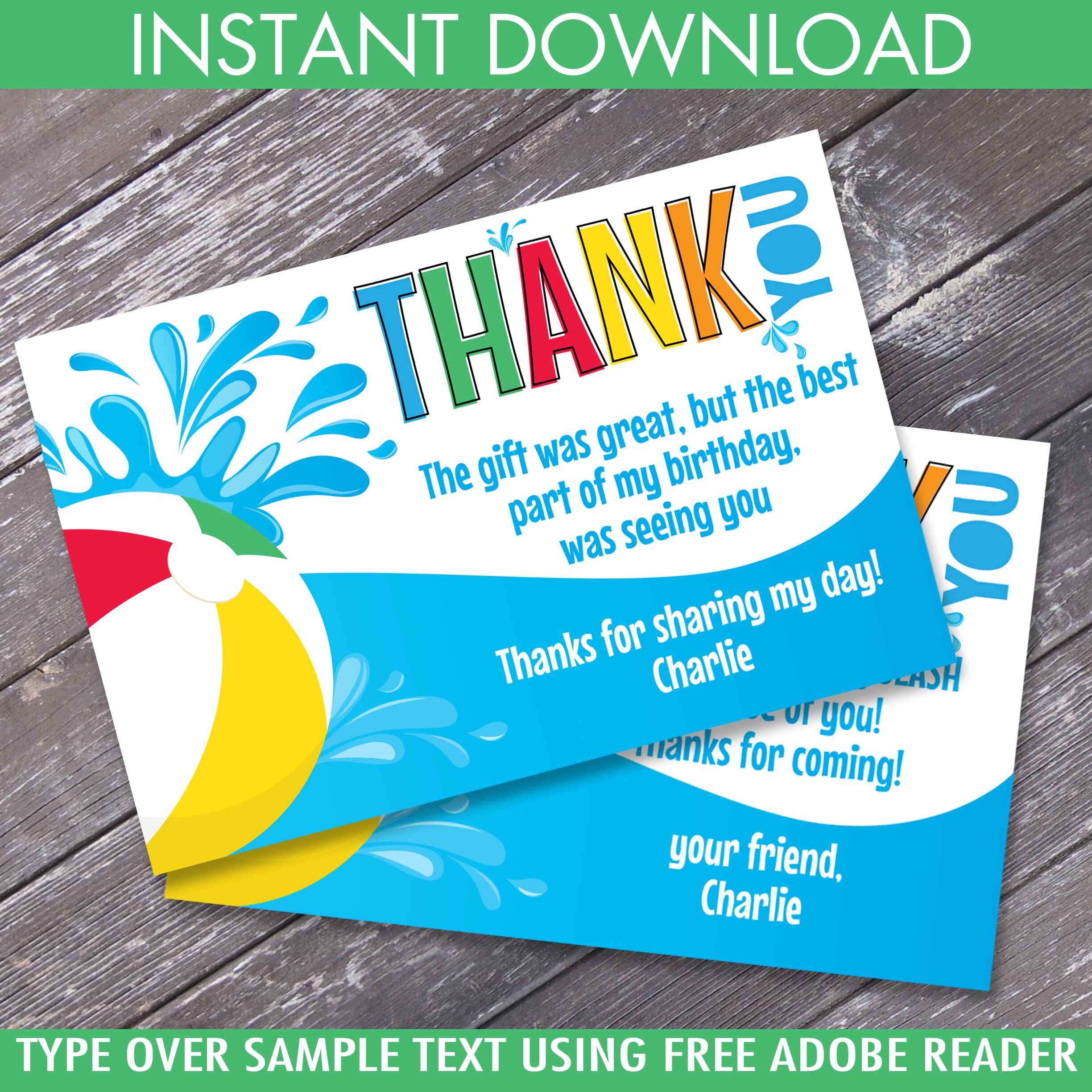 Pool Party Thank You Card Thank You Birthday Party Summer Etsy