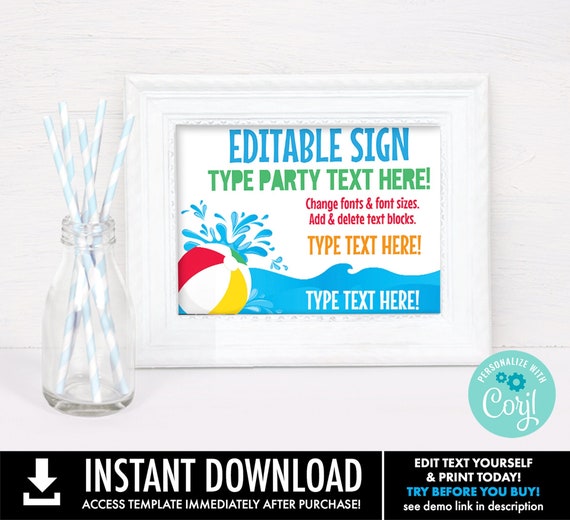 Pool Party Sign - 7"x5" Sign Summer Party, Beach Party, Personalized Sign | You Personalize using CORJL - INSTANT DOWNLOAD Printable