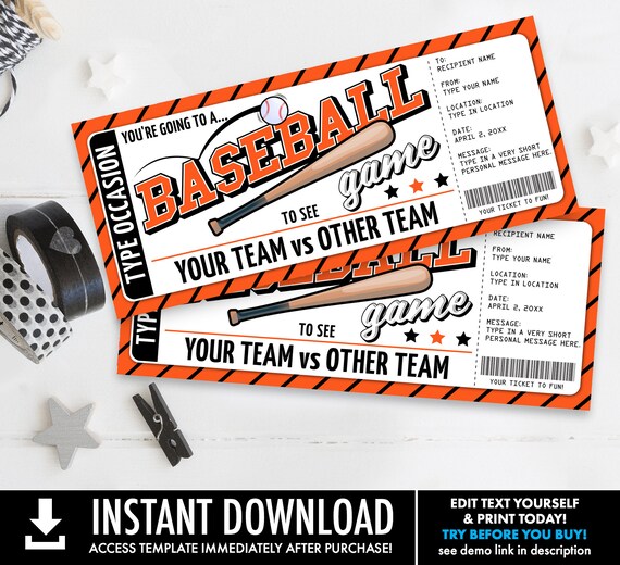 Baseball Ticket Gift Editable Template Surprise Baseball Game Ticket