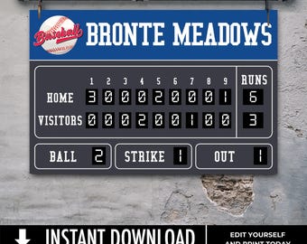 May include: A gray and blue baseball scoreboard with the text "Bronte Meadows" at the top. The scoreboard shows the score of a baseball game with the home team having 6 runs and the visitors having 3 runs. The scoreboard also shows the number of balls, strikes, and outs.