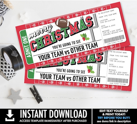 Football Ticket Christmas Gift - Surprise Game Ticket,Printable Gift Voucher Certificate | Self-Edit with CORJL - INSTANT DOWNLOAD Printable