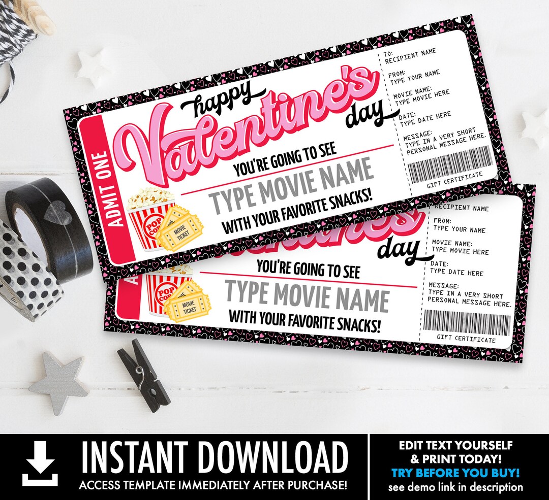 Valentine Movie Ticket Gift Certificate, Movie Night Surprise Surprise ...
