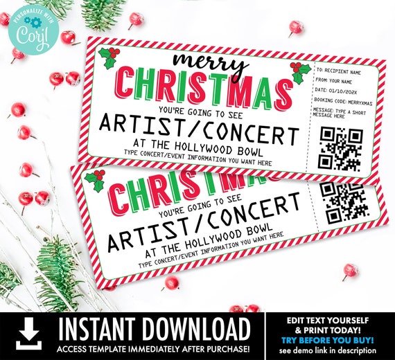 Christmas Concert Ticket Template, Surprise Show, Gift Certificate, Performance, Artist | Self-Edit with CORJL-INSTANT DOWNLOAD Printable