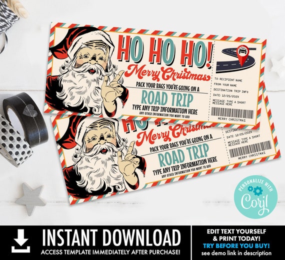 Christmas Road Trip, Surprise Ticket Gift Voucher, Road Trip, Holiday Vacation | Self-Edit with CORJL - INSTANT DOWNLOAD Printable