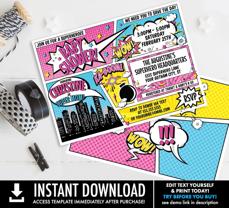 May include: A pink, blue and yellow comic book style baby shower invitation with the text "Join us for a superheroes baby shower! Honoring Christine as Super Mom!" and "The Augustine's Superhero Headquarters 5555 Superhero Lane Your Gotham City, ST Registered at Target & Baby's R Us RSVP to Denise via text at 555.555.5555 or youremail@email.com".