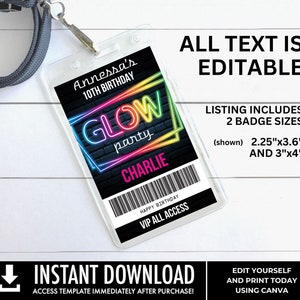 Neon Glow Party VIP Badge, Neon Glow Theme, Glow Party All Access Pass Edit with CANVA INSTANT Download Printable Template image 3