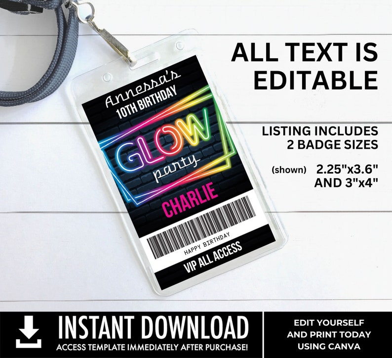 Neon Glow Party VIP Badge, Neon Glow Theme, Glow Party All Access Pass Edit with CANVA INSTANT Download Printable Template image 3