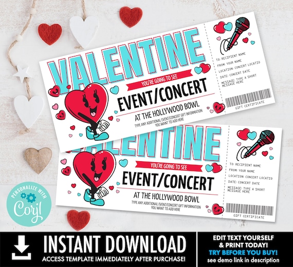 Valentines Day Concert Ticket Gift Certificate, Show, Performance, Artist,Gift Reveal | Personalize using CORJL-INSTANT DOWNLOAD Printable