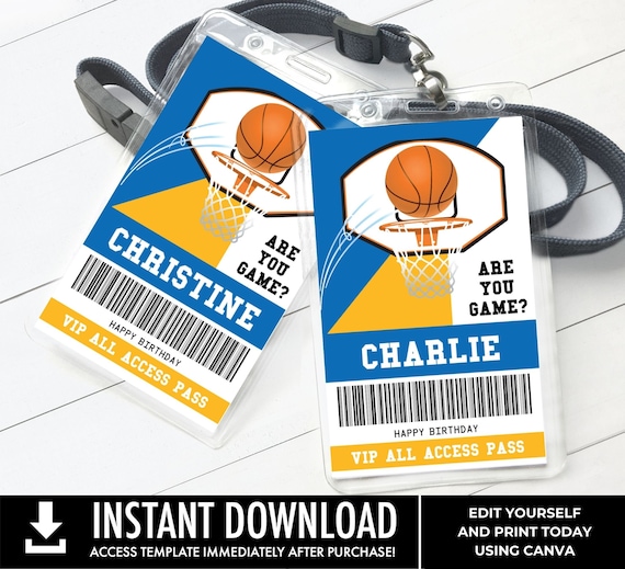 Basketball All Star ID Badge - Basketball Party, Basketball VIP All Access Pass | You Personalize using CANVA–Instant Download Printable