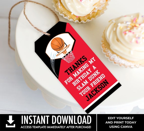 Basketball Favor Tag - Basketball Party, Basketball Birthday, Thank You Tag | Self-Edit Text with CANVA - INSTANT Download Printable