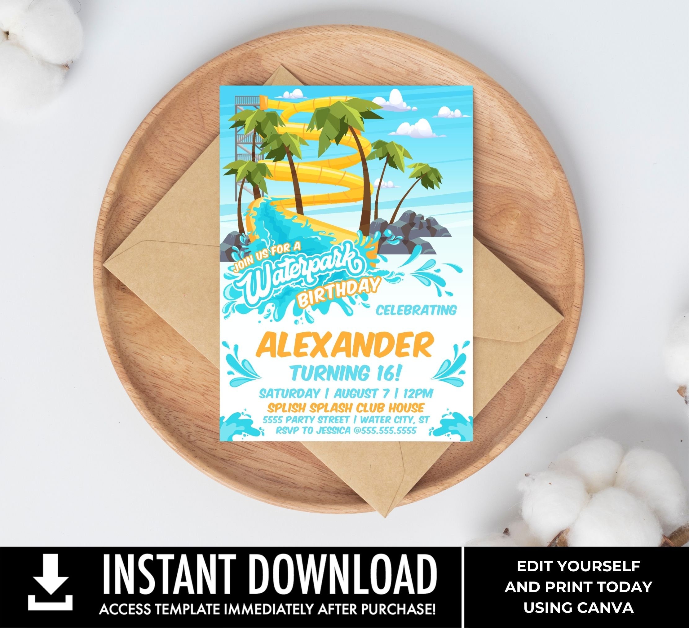 Waterpark Party Invitation - Waterslide Invite, Water Park Party, Pool ...
