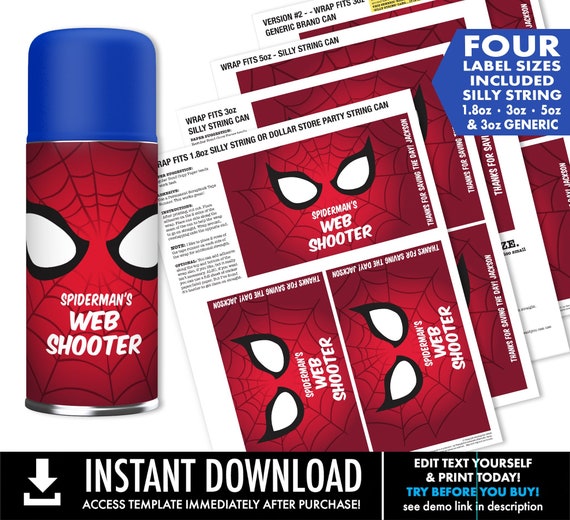 Spiderman Web Shooter Labels, 4 Sizes Silly String Labels,Superhero Birthday,Game Activity | Self-Edit with CORJL INSTANT DOWNLOAD Printable Il_570xn