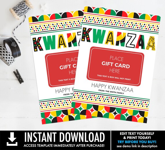 Kwanzaa Gift Card Holder, Last Minute Kwanzaa Gift for Teacher, Client, Staff, Thank You, Friend | Edit using CORJL-INSTANT DOWNLOAD