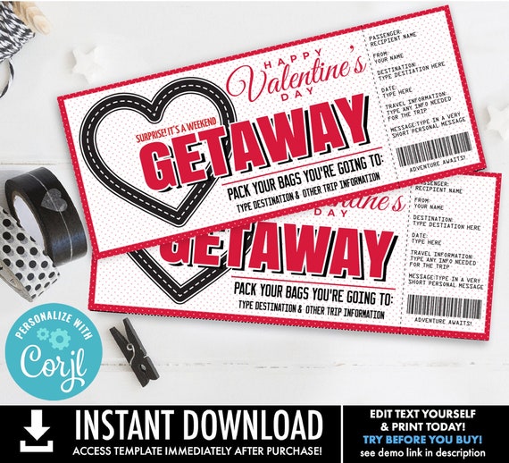Valentine Weekend Getaway Surprise Ticket Gift Voucher, Mini Vacation | Self-Edit with CORJL - INSTANT DOWNLOAD Printable Il_570xn