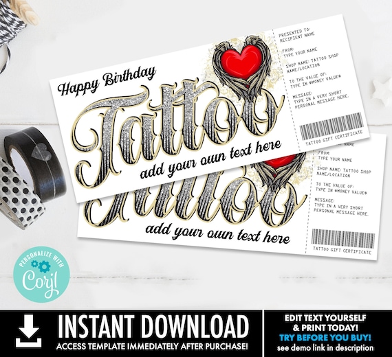 Tattoo Gift Certificate Heart Design Get Inked Gift Card Voucher