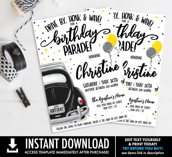 Drive By Birthday Invitation-Drive By Parade, Quarantine Birthday, Social Distancing | Self-Edit with CORJL - INSTANT DOWNLOAD Printable Il_570xn