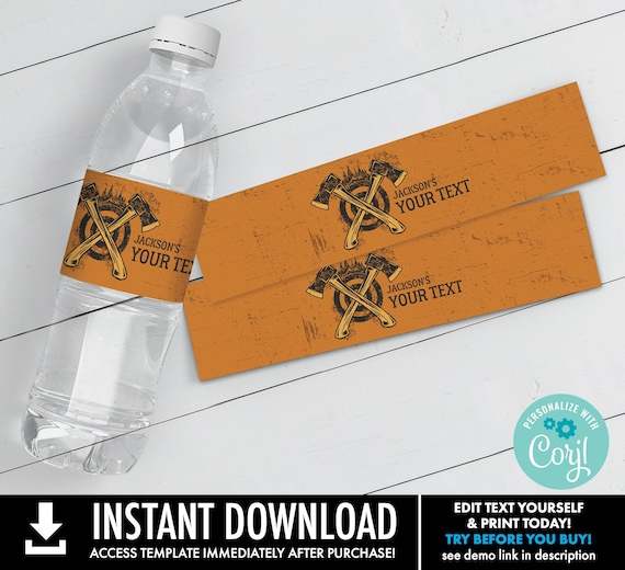 Axe Throwing Water Bottle Labels/Wraps–Bad Axe Birthday, Bad Axe Party | You Personalize using CORJL–INSTANT DOWNLOAD Printable