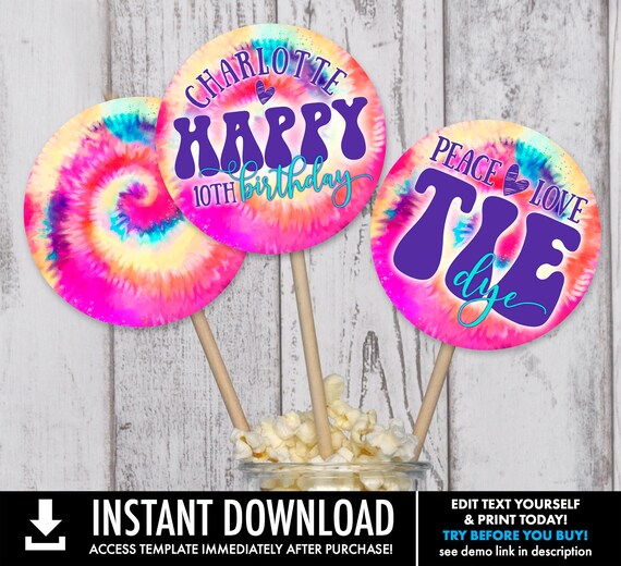 Tie Dye 4" Circle Centerpiece - Birthday Cake Topper, Hippie Party, To Dye For Party | Self-Edit with CORJL - INSTANT DOWNLOAD Printable Il_570xn