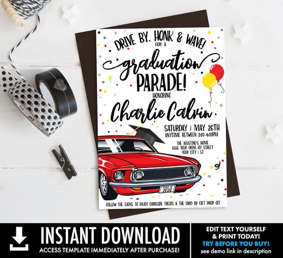 Drive By Graduation Invitation-Drive By Parade,Quarantine,Social Distancing | Self-Edit with CORJL - INSTANT DOWNLOAD Printable Template Il_570xn