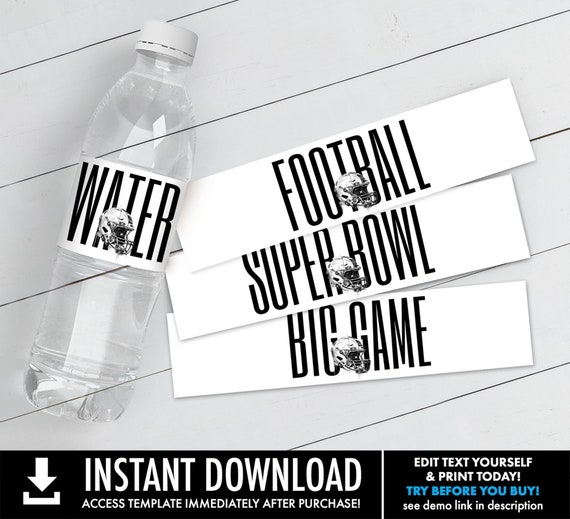 Football Party Water Bottle Label, Football Themed Bowl Party Water Label, Bowl Party Label | Edit using CORJL–INSTANT DOWNLOAD Printable