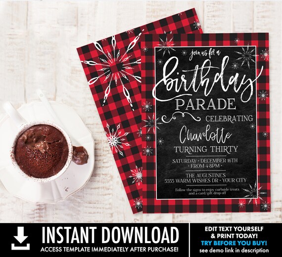 Flannel Birthday Parade Invitation - Buffalo Plaid Birthday, Winter Birthday | Self-Editing with CORJL - INSTANT DOWNLOAD Printable Il_570xn