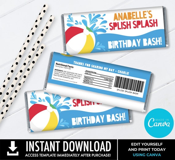 Pool Party Candy Bar Wrapper - Candy Bar Label, Birthday Party Favors, Summer | You Personalize using CANVA - INSTANT DOWNLOAD Printable