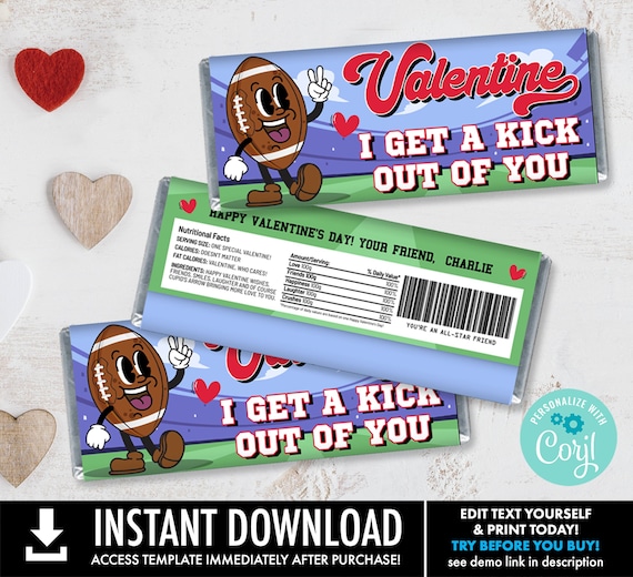 Valentine Football Candy Bar Label, Retro Football Valentine, Class Valentine Card | Edit with CORJL-INSTANT DOWNLOAD Printable Template