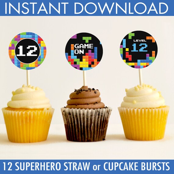 Retro Video Game Party Cupcake Toppers - Retro Game Party, Gamer Party Toper, Video Game Birthday | Instant Download DIY Printable PDF Il_570xn
