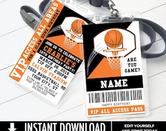 Basketball VIP ID Badge Invitation, Basketball Invite Badge, All Star Badge,Sports Badge | Edit on CANVA-Instant Download Printable Template