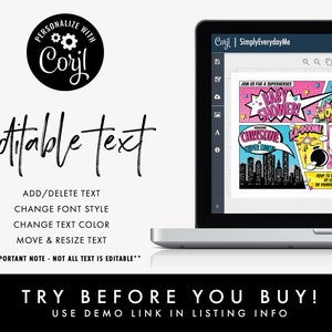 May include: A laptop screen displaying a digital design for a baby shower invitation. The invitation features a comic book theme with a pink and blue colour scheme. The text on the invitation reads "Join us for a Superheroes Baby Shower!" and "Christine's Super Mom".