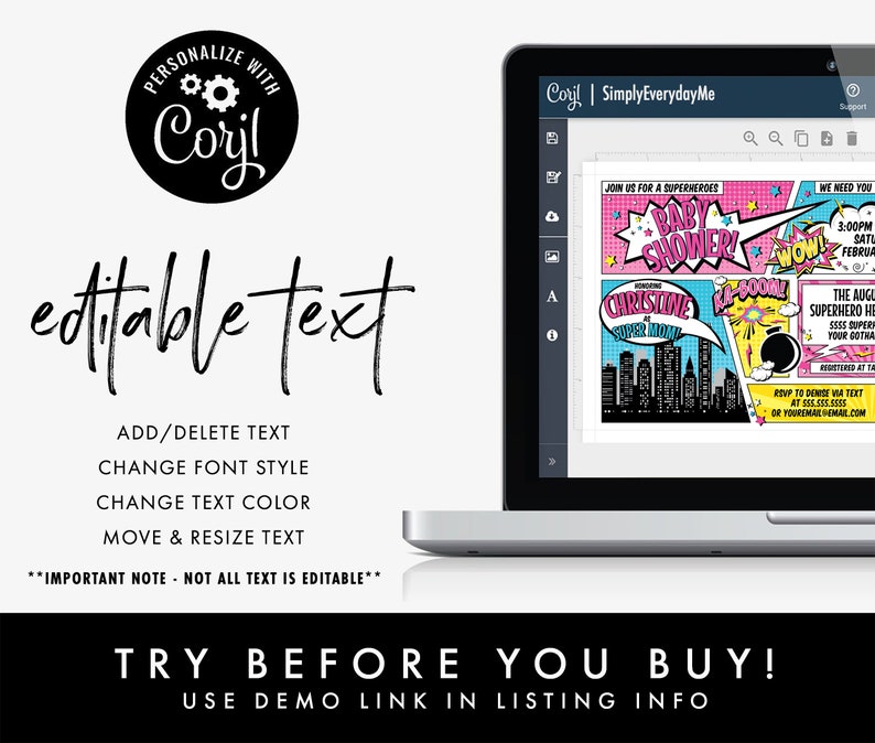 May include: A laptop screen displaying a digital design for a baby shower invitation. The invitation features a comic book theme with a pink and blue colour scheme. The text on the invitation reads "Join us for a Superheroes Baby Shower!" and "Christine's Super Mom".