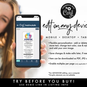 May include: A smartphone displays a customizable birthday scavenger hunt invitation. The invitation features colorful graphics and the text "MALL SCAVENGER HUNT" and "CHANTEL'S 13TH BIRTHDAY!" The image also includes the text "edit on any device!"