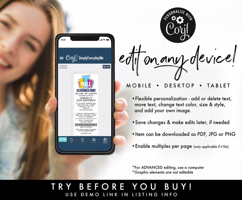 May include: A smartphone displays a customizable birthday scavenger hunt invitation. The invitation features colorful graphics and the text "MALL SCAVENGER HUNT" and "CHANTEL'S 13TH BIRTHDAY!" The image also includes the text "edit on any device!"