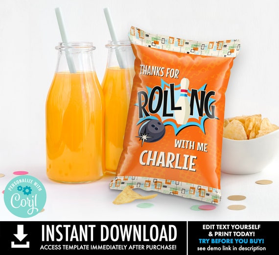 Bowling Party Chip Bag Wrap/Label-Treat Bag Potato Chip Bag Label, Bowling Birthday  | Self-Edit with CORJL - INSTANT DOWNLOAD Printable